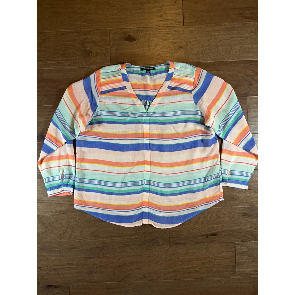 Zac & Rachel Woman 1X Striped V-Neck Roll-Tab Sleeve Blouse Multicolor Plus Size